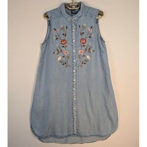 Terre Bleue Chambray Shirt Dress SMALL Floral Embroidered Boho Cottagecore